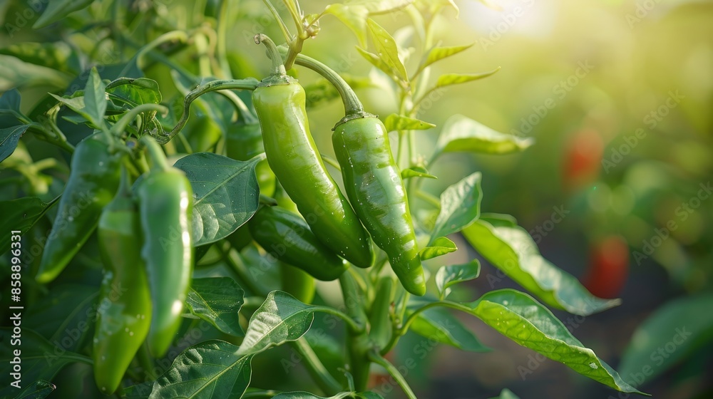 Vibrant Green Peppers Growing Under the Sun in Lush Garden Vibrant Green Peppers Growing Under the Sun in Lush Garden