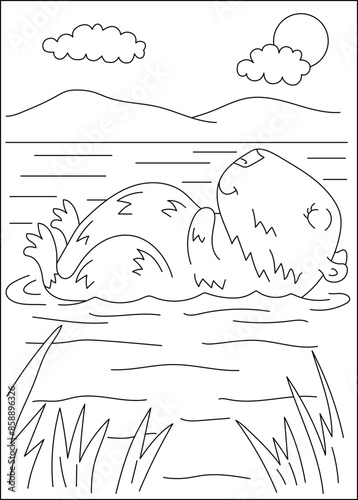 floating capybara chilling coloring book page