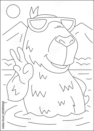 summer capybara chilling coloring book page