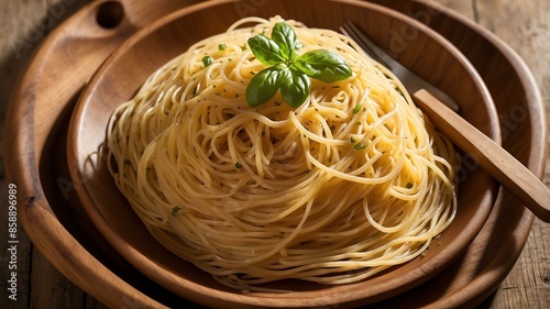 aglio e olio spaghetti in wooden plate