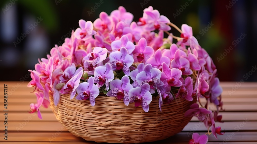 Basket filled with stunning exotic orchids on bamboo mat.