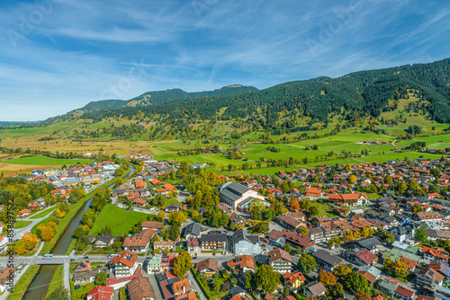 Der Passionsspielort Oberammergau im Naturpark Ammergauer Alpen im Luftbild photo