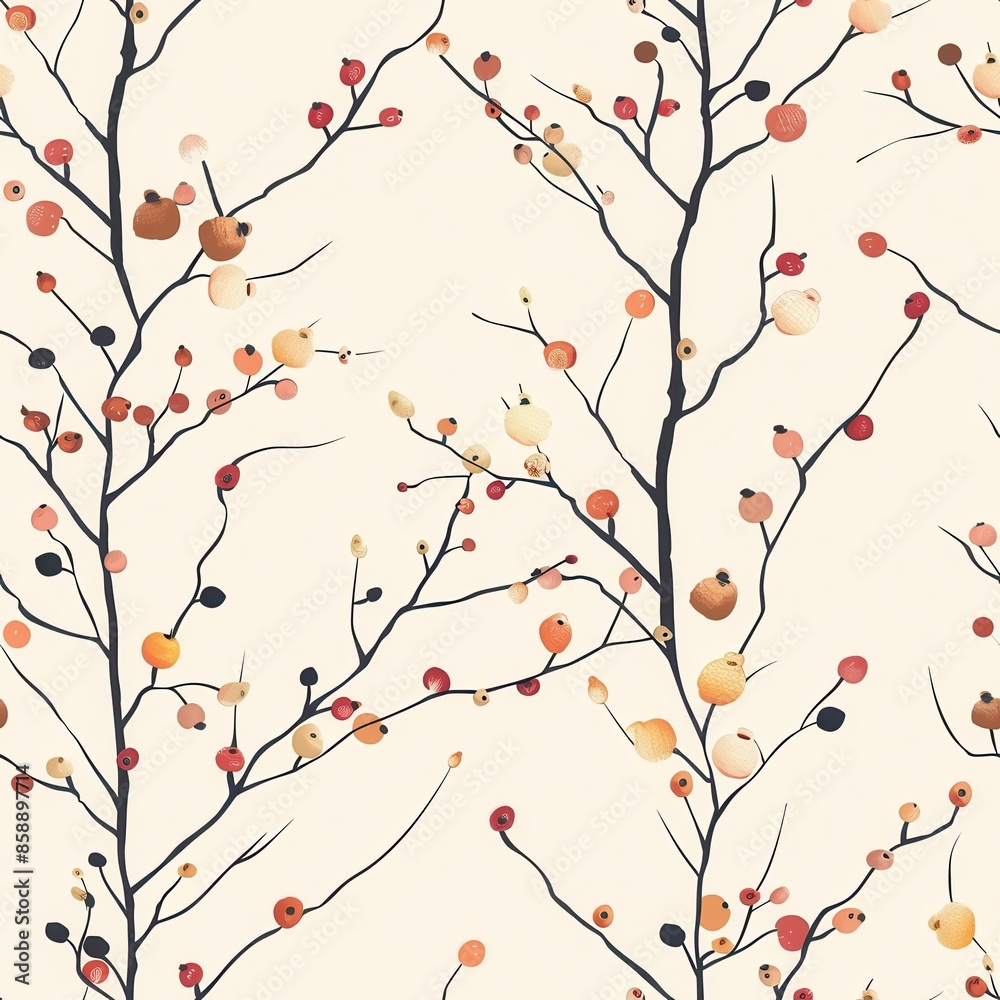 A seamless pattern of watercolor illustrations depicting delicate branches with orange and red berries against a soft cream background. The branches intertwine in a whimsical pattern, creating a delic A seamless pattern of watercolor illustrations depicting delicate branches with orange and red berries against a soft cream background. The branches intertwine in a whimsical pattern, creating a delic