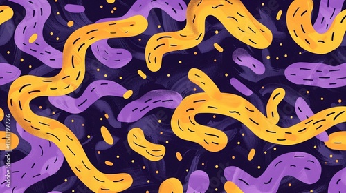 A pattern of purple and yellow squiggles, in a simple flat illustration style with bold lines