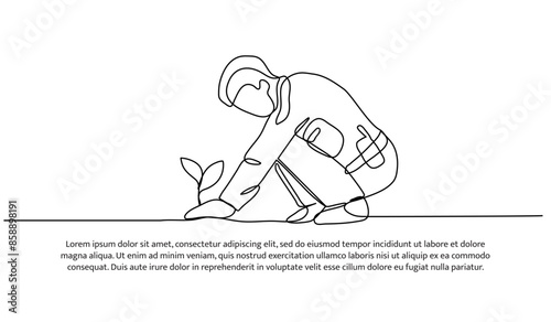 Continuous one line design of forest rangers plant trees.Minimalist style vector illustration on white background.