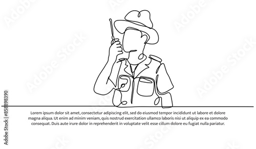 Continuous one line design of forest guards communicate using handy talkies.Minimalist style vector illustration on white background.