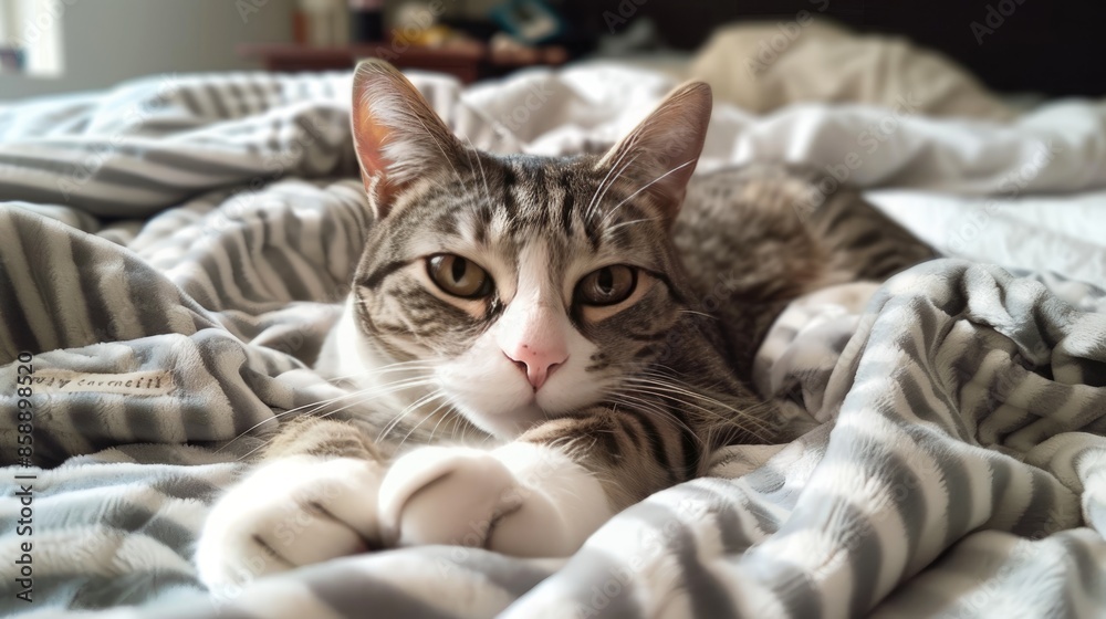 Cute cat sleeps on a soft blanket. Cats are resting, dozing on the bed. Pets sleep in a cozy house. Cute cat sleeps on a soft blanket. Cats are resting, dozing on the bed. Pets sleep in a cozy house.