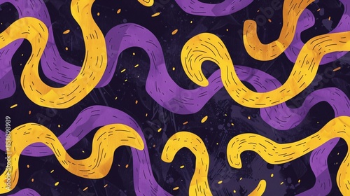 A pattern of purple and yellow squiggles, in a simple flat illustration style with bold lines