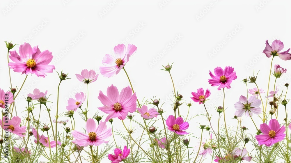 A close-up photograph of pink Cosmos flowers blooming in a garden on a white background. The flowers are arranged in a cluster, with their delicate petals facing the camera. The white background creat