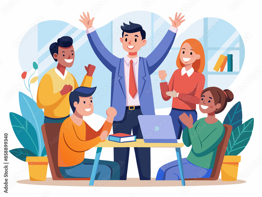 Naklejka premium A cheerful team leader praising their team during a meeting