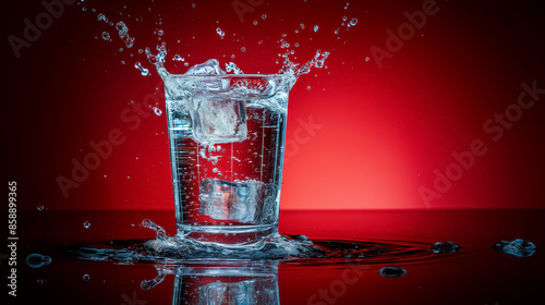 Glass of water with ice cubes splashing, captured mid-motion, against a red background, highlighting the freshness and motion. photo