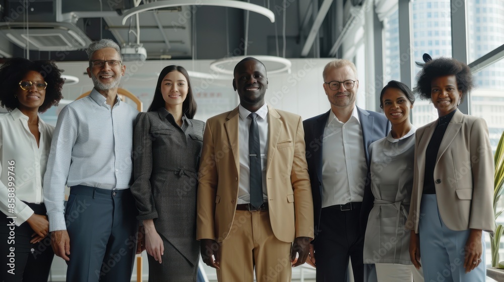 A diverse group of seven professionals, dressed in business attire, stand together in a modern office setting. They are all smiling and looking at the camera. The office has large windows, allowing fo A diverse group of seven professionals, dressed in business attire, stand together in a modern office setting. They are all smiling and looking at the camera. The office has large windows, allowing fo