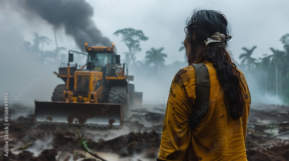 A powerful image of a lone indigenous person standing defiantly in front of a bulldozer clearing rainforest for development. Smoke rises in the background, and the person's face conveys a deep A powerful image of a lone indigenous person standing defiantly in front of a bulldozer clearing rainforest for development. Smoke rises in the background, and the person's face conveys a deep
