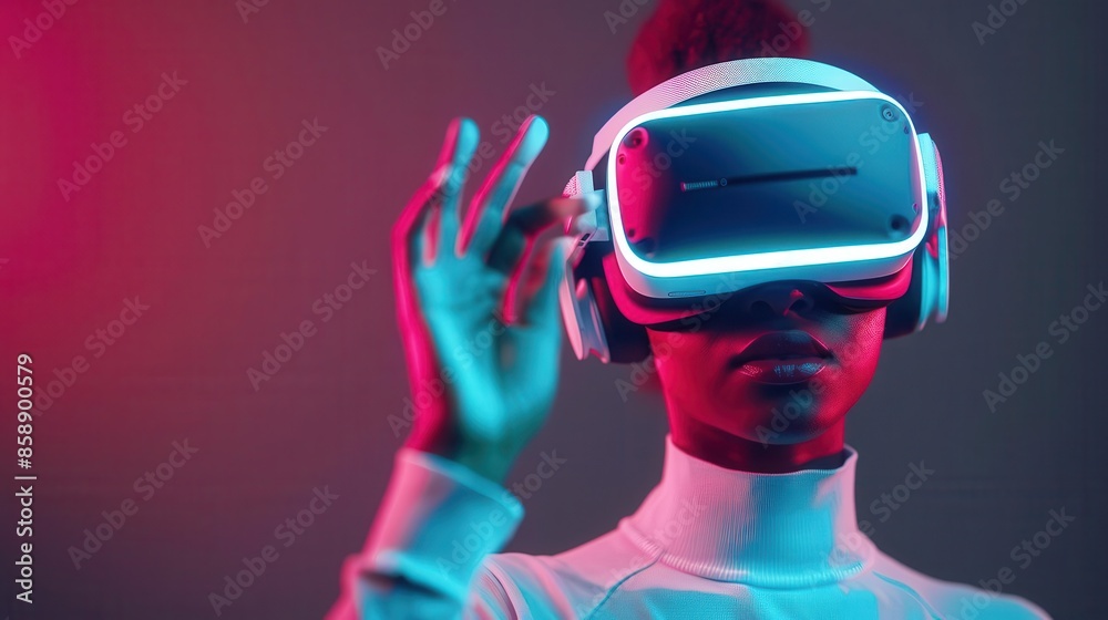 Woman wearing VR headset in neon light Woman wearing VR headset in neon light