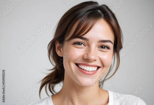 Positive smiling woman on white background © 月 明
