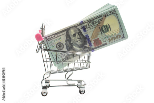 Money trolley, Shopping trolley full of money isolated on transparent background, Financial Concept, png.