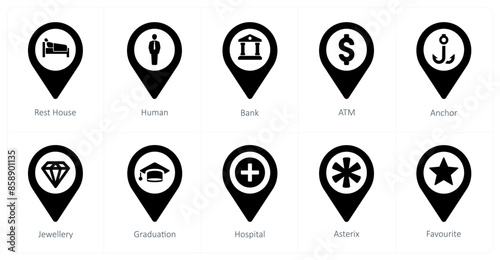 A set of 10 Location Pointer icons as rest house, human, bank