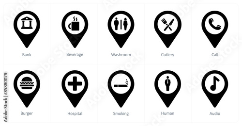 A set of 10 Location Pointer icons as bank, beverage, washroom
