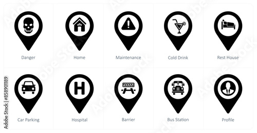 A set of 10 Location Pointer icons as danger, home, maintenance