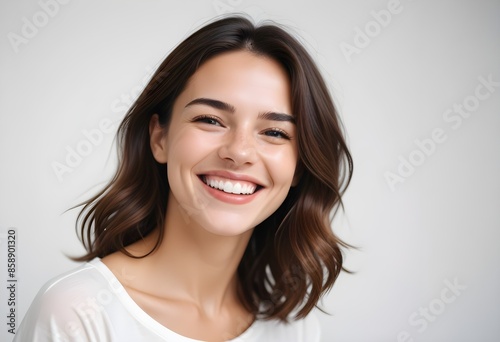 Positive smiling woman on white background © 月 明