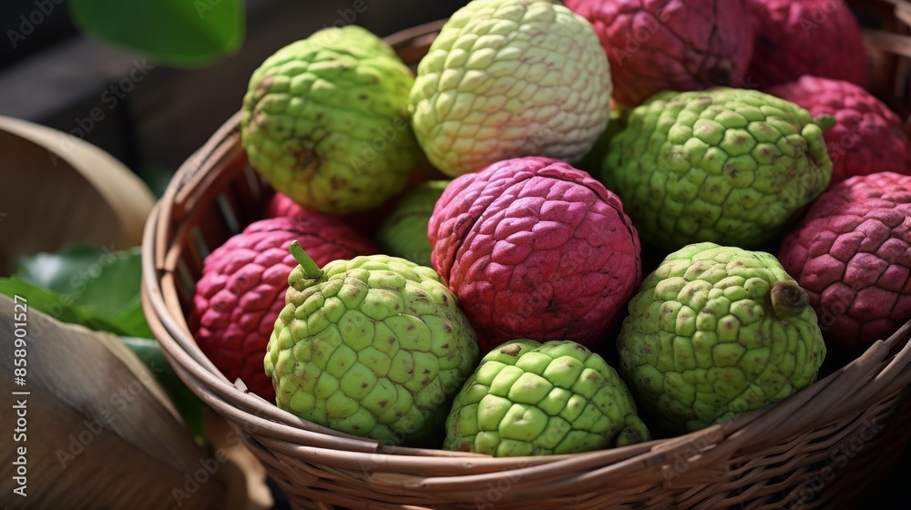 Basket filled with vibrant ripe custard apples. Basket filled with vibrant ripe custard apples.