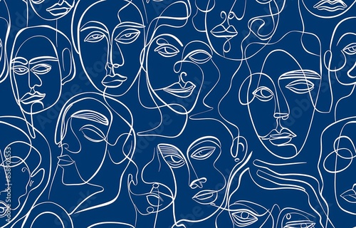 bstract line art crowd pattern, simple shapes and lines forming faces on blue background