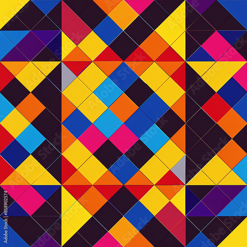 Blend of modern geometric shapes with traditional seamless patterns, vibrant colors, aspect ratio 1:1