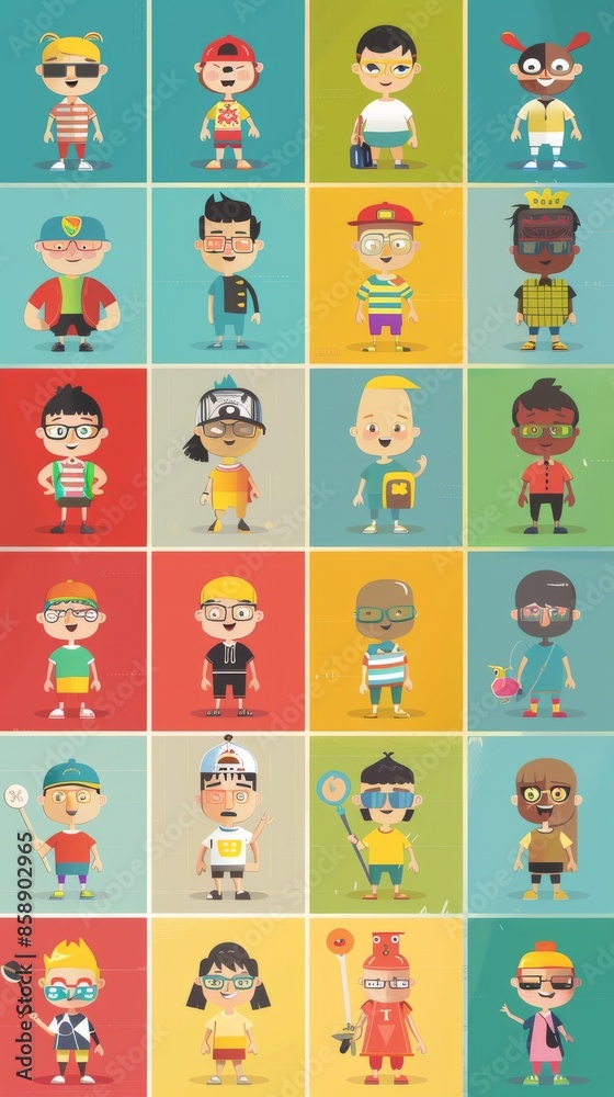 Colorful flat design cartoon characters with unique styles and expressions in vibrant colors.