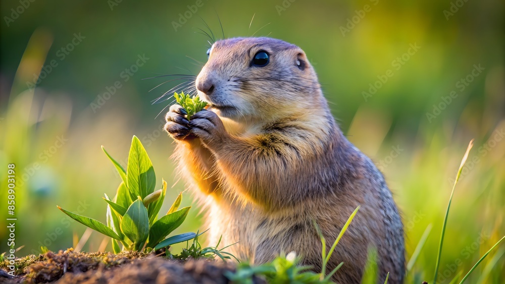 Cute Prairie Dog Eating Green Leaves And Looking Around While Standing On The Grass Field