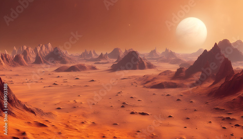 Mars planet landscape, 3d render of imaginary mars planet terrain, orange eroded desert mountains, realistic science fiction illustration.