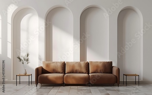 3D rendering of a living room interior design with a brown sofa and coffee table against a white wall with arches © Noor