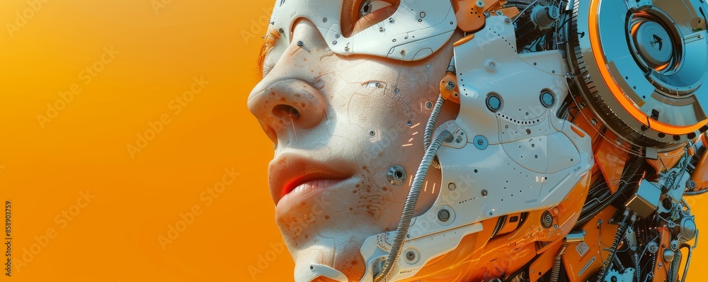 Robotic face made of gears on orange backdrop with AI statement; colors of tiger orange, corn yellow, sand, and cyan blue. Robotic face made of gears on orange backdrop with AI statement; colors of tiger orange, corn yellow, sand, and cyan blue.