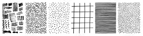 Abstract vector ink brush hand-drawn texture patterns. Grungy hatching line wall art. Kids squiggle, lattice, polka dot designs. Scandinavian design elements. Hand drawn minimal style pattern swatches