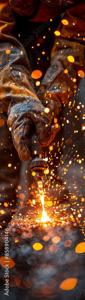 Worker's hands wield blowtorch, cutting steel rebar with sparks flying and intense heat radiating. Worker's hands wield blowtorch, cutting steel rebar with sparks flying and intense heat radiating.