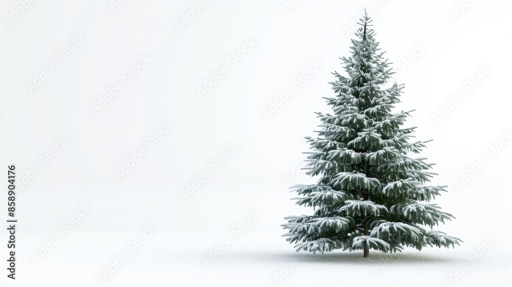 A single, snow-covered pine tree stands tall against a white background, its branches adorned with a light dusting of fresh snow. The tree is the central focus of the image, with its dark green needle A single, snow-covered pine tree stands tall against a white background, its branches adorned with a light dusting of fresh snow. The tree is the central focus of the image, with its dark green needle