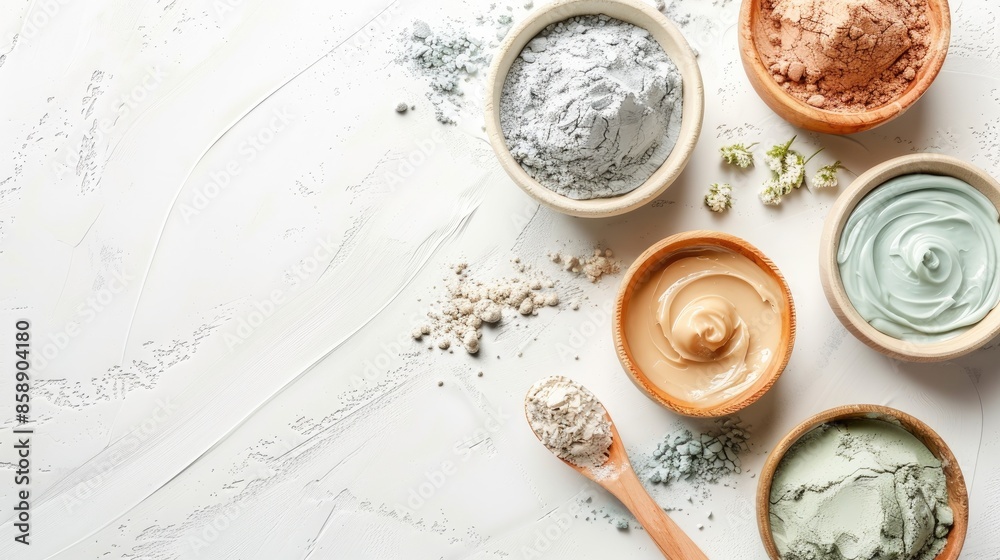 Cosmetic clays for facial masks displayed on white table with space for text Cosmetic clays for facial masks displayed on white table with space for text