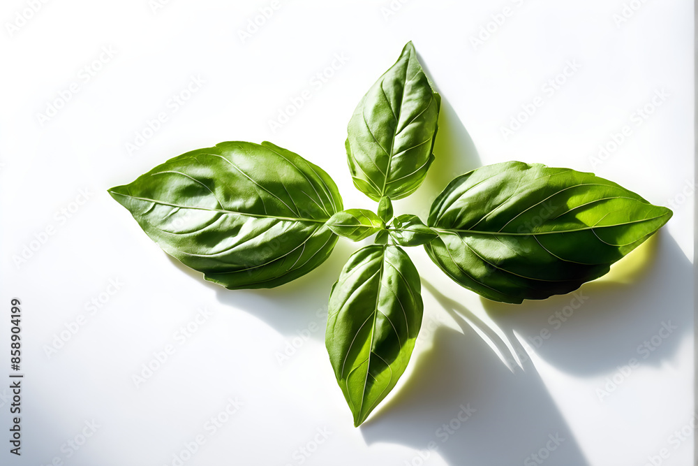 Obraz premium Basil isolated. Basil leaf flat lay on white background. Green basil leaves collection top view. Full depth of field. 