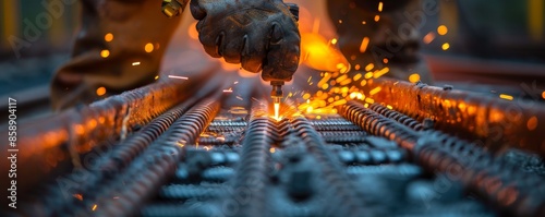 Sparks fly as worker uses blowtorch on steel rebar, hands bathed in intense heat. Vibrant raspberry, cobblestone gray, clay colors.