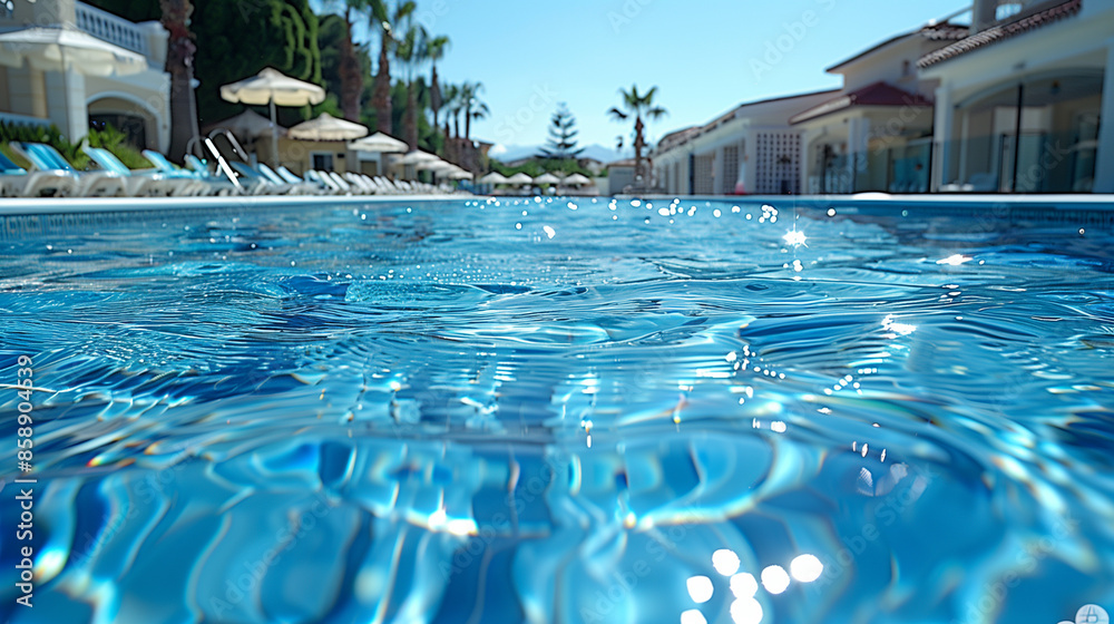 A serene swimming pool surface with gentle ripples reflecting the sunlight A serene swimming pool surface with gentle ripples reflecting the sunlight