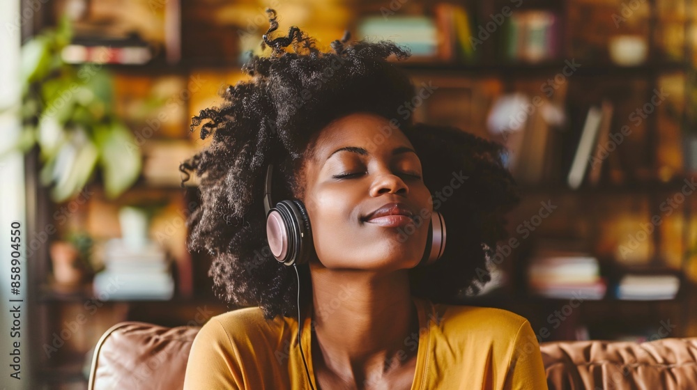 A woman engaging with online podcasts. A woman engaging with online podcasts.