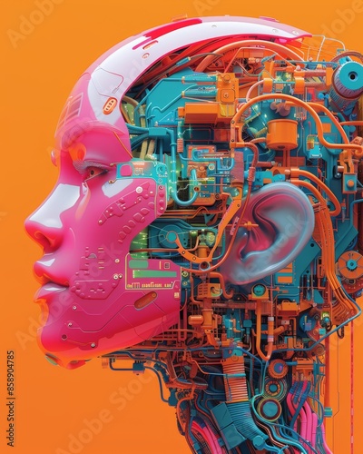 Vibrant mechanical head design with neon colors on orange background, paired with AI text. Stunning blend of pink, green, yellow, peach.