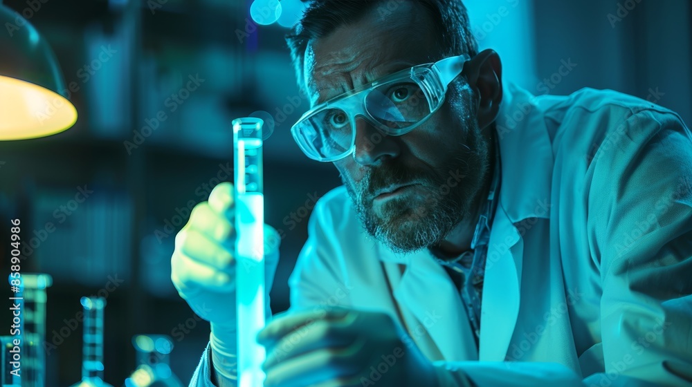 A scientist in a lab coat examining a test tube of glowing liquid, symbolizing groundbreaking research and innovative discoveries in science. A scientist in a lab coat examining a test tube of glowing liquid, symbolizing groundbreaking research and innovative discoveries in science.