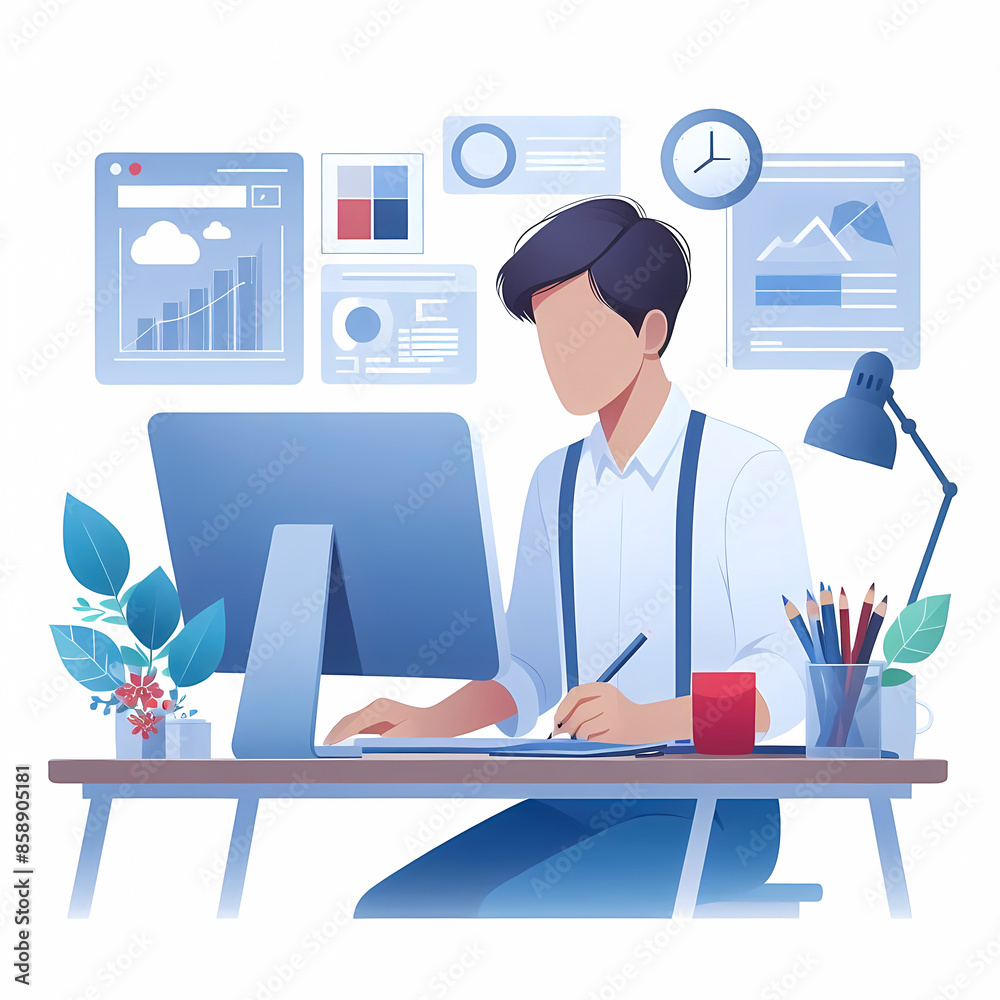 A man sitting on a desk and working with a laptop at home modern vector illustration A man sitting on a desk and working with a laptop at home modern vector illustration
