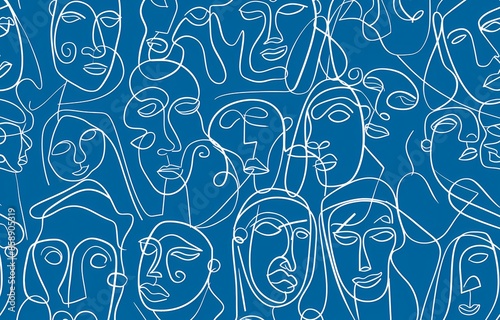 bstract line art crowd pattern, simple shapes and lines forming faces on blue background