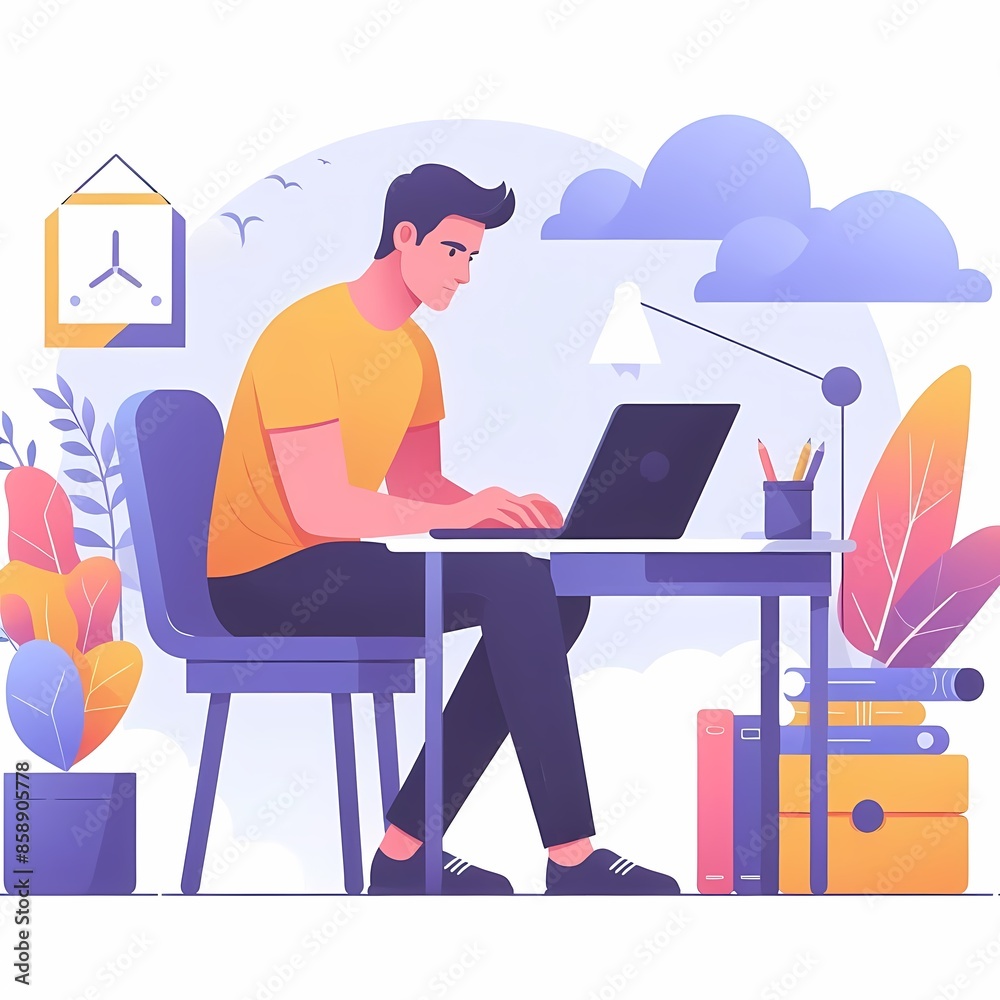 A man sitting on a desk and working with a laptop at home modern vector illustration A man sitting on a desk and working with a laptop at home modern vector illustration