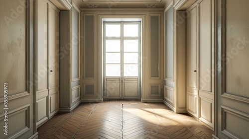 Deserted hallway with pale walls window built in closets vacant