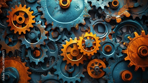 An abstract illustration of gears and cogs turning and interlocking, symbolizing the concept of innovation driving progress and change. photo