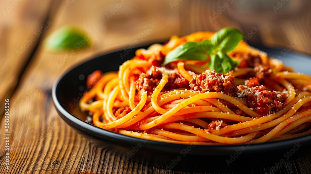 A black plate with spaghetti and meat sauce. A black plate with spaghetti and meat sauce.