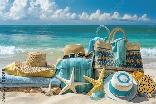 Beach accessories, including hats, sunglasses, towels, and beach bags, are arranged on a sandy beach with the ocean in the background. Generative AI photo