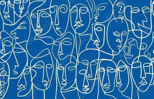 bstract line art crowd pattern, simple shapes and lines forming faces on blue background